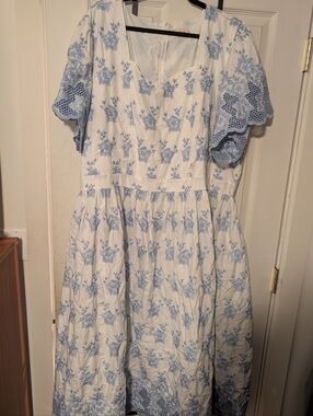 White and Light Blue Floral Midi Dress